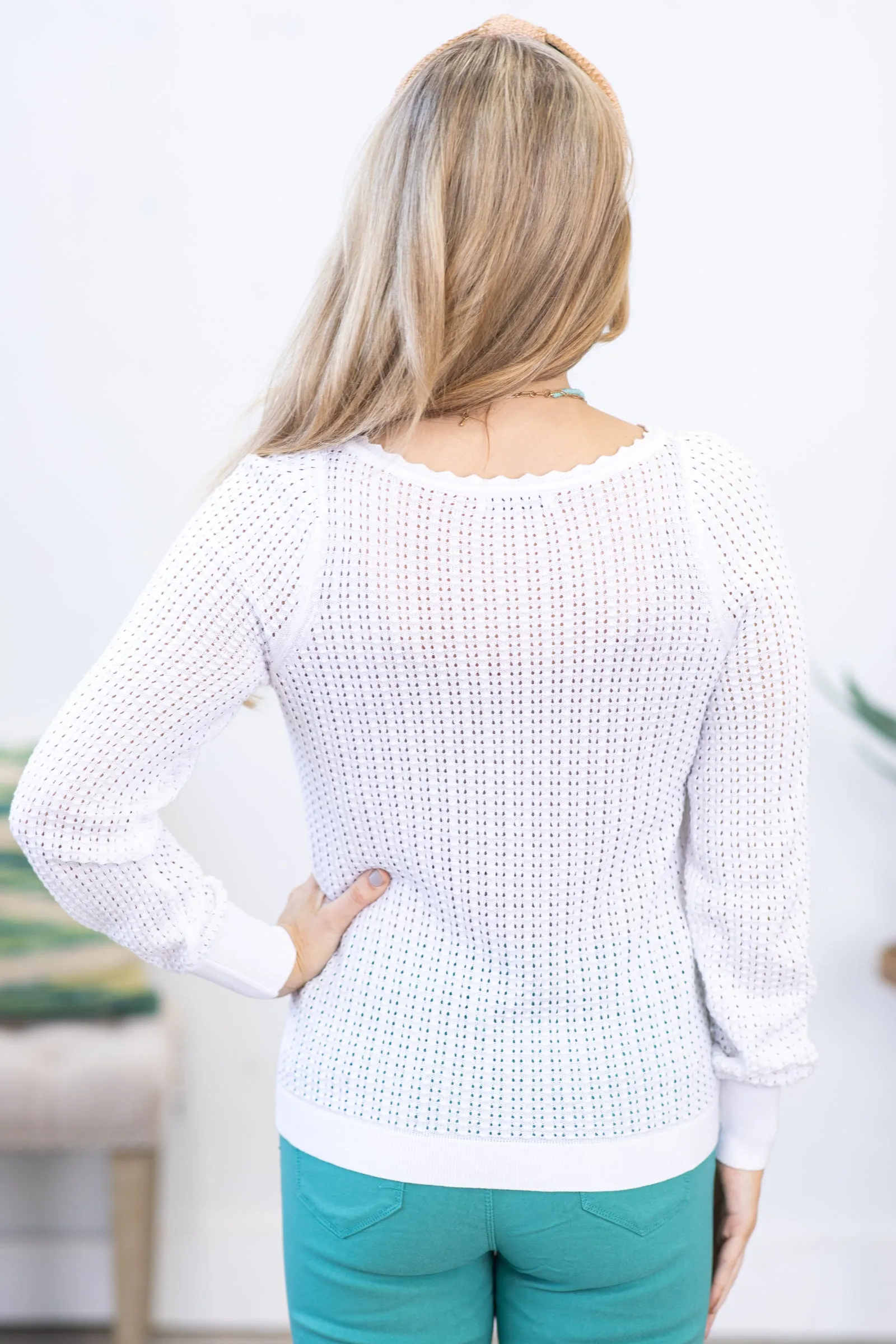 White Pointelle Boat Neck Sweater