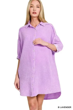 Zenana Washed Double Gauze Button Down Shirt Dress